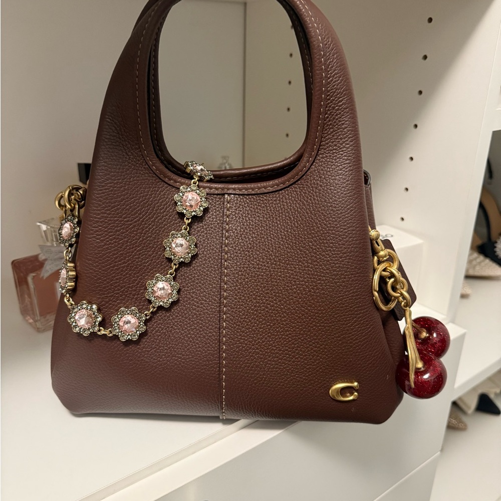 Coach Brown Pebble Leather Shoulder Bag with Floral Chain